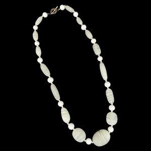 Monet Glass Beaded Necklace White Gray Swirled Single Strand Knotted Distinctive